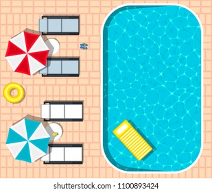 Water park banner with swimming pool. Yellow inflatable mattress, sun umbrella and beach loungers near refreshing blue swimming pool. Top view relaxation area. Colorful poster for summer relax