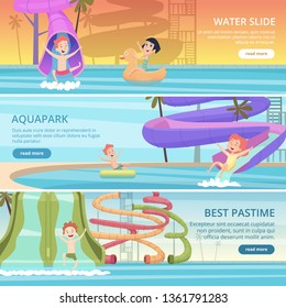 Water park banners. Aqua games funny pleasure for kids at pool playground with water slide and rubber castle vector cartoon pictures
