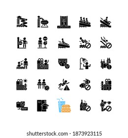 Water park black glyph icons set on white space. Aquatic play area, summer recreation center silhouette symbols. Safety rules on water slides and in swimming pools. Vector isolated illustrations