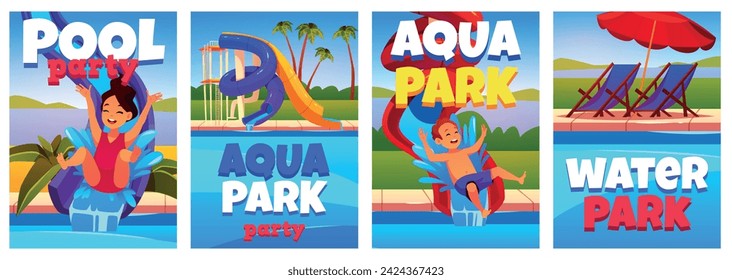 Water park cards. Children slide off water slides in pool, active family holidays, extreme rides, kids birthday celebration, party invitations, cartoon flat style isolated tidy vector set