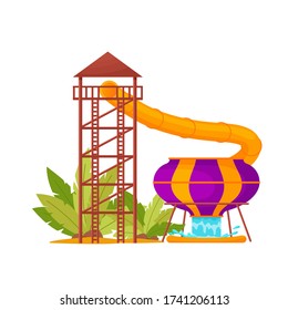 Water park with colored waterslide, pool tube for kids activity. Summer attraction in an aquapark for relaxation and fun, isolated on white background, vector illustration