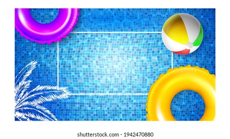 Water Park Creative Advertising Poster Vector. Inflatable Ring And Ball Tool For Playing Game In Swimming Pool And Palm Tree On Bright Promotional Banner. Color Concept Template Illustration