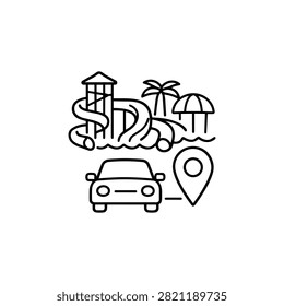 Water park destination icon with water slides, palm trees, car and map pin for travel route, visitor parking and family trip