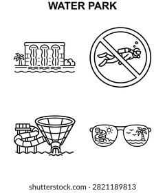 Water park feature icon set with waterfall wall, no diving sign, funnel slide and vacation sunglasses with tropical reflection