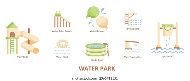 Water Park Flat Banner Web Icon Set Vector Illustration