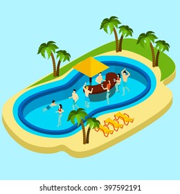  Water park and friends with water bar on blue background isometric vector illustration 