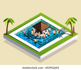 Water park friends isometric composition of square swimming pool with cocktail bar and party people characters vector illustration