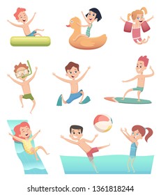 Water park games. Fun of children aqua activities with water swimming pool kids on rubber rings or mattress vector characters