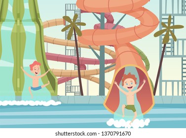 Water Park Games. Funny Attractions For Kids Swimming Jumping And Playing In Water Outdoor Pools Vector Cartoon Background