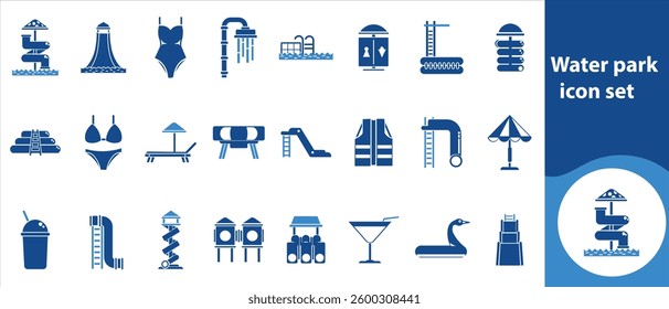 Water park icon set, entertainment, enjoyment, water, flat, construction, pipe, symbol, extreme, element, art, joy, relaxation, recreation, pool, active, abstract, collection and more
