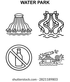 Water park icon set with racing slide, twin twisting slides, no glass bottle sign and interactive water cannon attraction