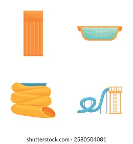 Water park icons set cartoon vector. Summer holiday in aquapark. Active leisure