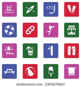 Water Park Icons. White Flat Collection In Square. Vector Illustration.