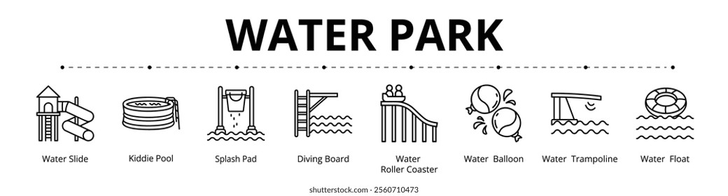 Water Park Line Banner Web Icon Set Vector Illustration