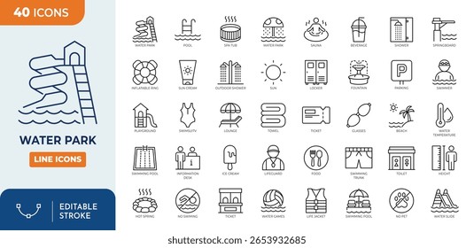 Conjunto de ícones editáveis da linha do parque aquático. Contendo piscina, playground, natação, recreação, aquático, atividade da água e muito mais. Traçado editável. Ilustração vetorial	
