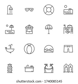 Water park line icons set, outline vector symbol collection, linear style pictogram pack. Signs logo illustration. Set includes icons - shower, sunglasses, swimming pool, jacuzzi, slides, summer beach