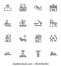 Juego de iconos de línea de parque acuático, colección de símbolos vectoriales de contorno de parque acuático, paquete de pictogramas de estilo lineal. Señales, ilustración del logotipo. El juego incluye iconos como piscina, ducha, atracción por tobogán de agua