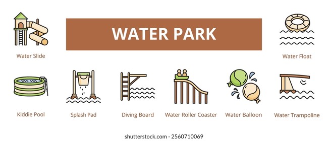 Water Park Lineal Color Banner Web Icon Set Vector Illustration