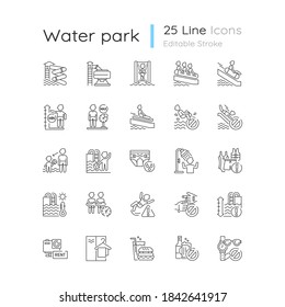 Water Park Linear Icons Set. Aquatic Play Area Customizable Thin Line Contour Symbols. Safety Rules On Water Slides And In Swimming Pools. Isolated Vector Outline Illustrations. Editable Stroke