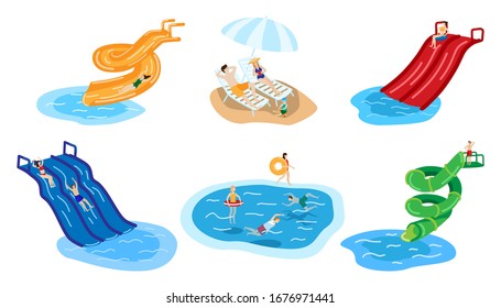 Water park with people in aqua summer hand drawn character vector illustration isolated on white. Man, women, children on swimsuits resting on deck chair, sunbathing, swimming, go down hill in pool.