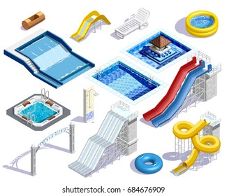 Water park set people isometric images of aquatic facilities tubes pools and waterslides on blank background vector illustration