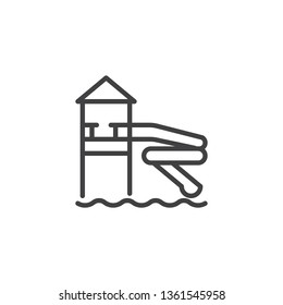 Water Park Slide Line Icon. Linear Style Sign For Mobile Concept And Web Design. Water Slide In Aqua Park Outline Vector Icon. Symbol, Logo Illustration. Pixel Perfect Vector Graphics