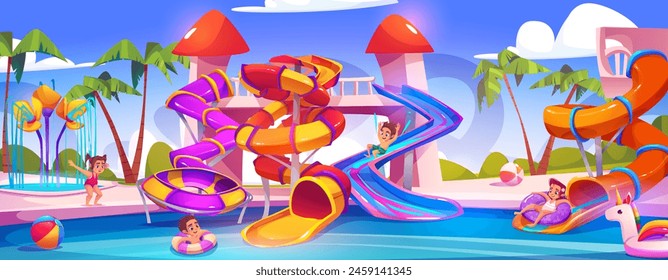 Water park with slide and pool for kid cartoon. Summer waterpark to swim and play. Children amusement and attraction. Boy and girl jump, have fun activity with inflatable ring on resort playground