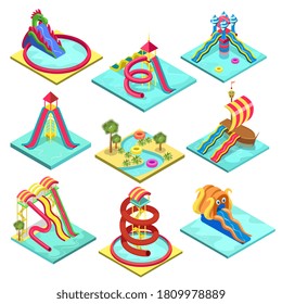 Water park slide set. Isolated isometric water pool, slide, tube, child amusement attraction collection. Aqua park holiday leisure activity icons. Summer vacation recreation fun vector illustration