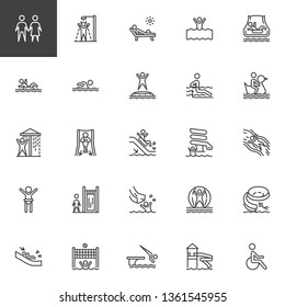 Water park slides line icons set. linear style symbols collection, outline signs pack. vector graphics. Set includes icons as aqua park swimming pool, sunbathing , summer vacations, walking ball