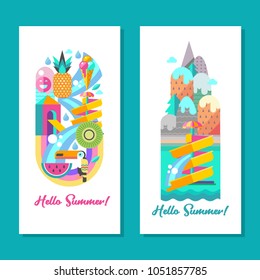 Water park. Water slides, summer fun on the water. Summer vacation, tropical fruits, nature, recreation. Vector clipart.