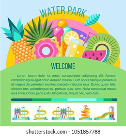 Water park. Water slides, summer fun on the water. Summer vacation, tropical fruits, nature, recreation. Vector clipart.