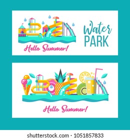 Water park. Water slides, summer fun on the water. Summer vacation, tropical fruits, nature, recreation. Vector clipart.