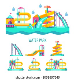 Water park. Water slides, summer fun on the water. Summer vacation, tropical fruits, nature, recreation. Vector clipart.