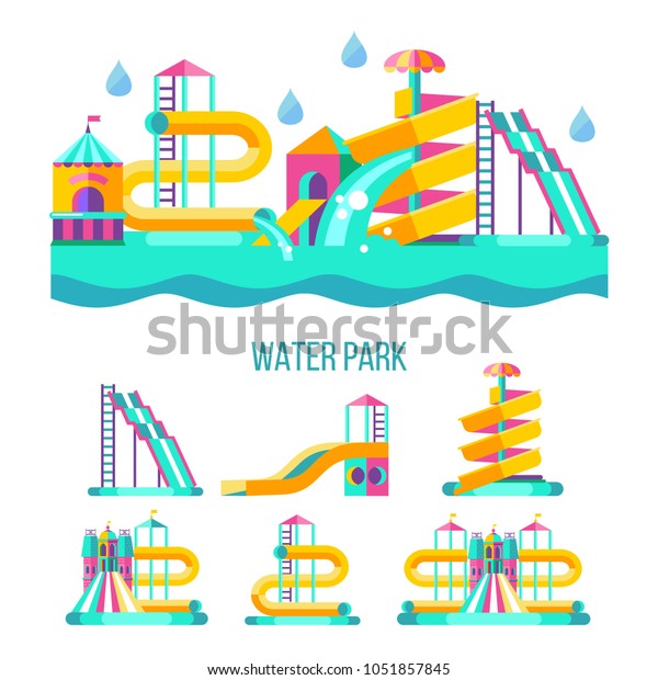 Water park. Water slides, summer fun on the\
water. Summer vacation, tropical fruits, nature, recreation. Vector\
clipart.