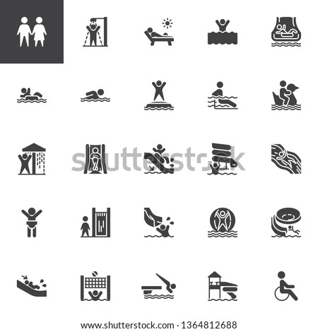 Water park slides vector icons set, modern solid symbol collection, filled style pictogram pack. Signs, logo illustration. Set includes icons as aqua park swimming pool, sunbathing , summer vacations