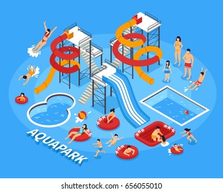 Water Park And Swimming With People And Recreation Symbols Isometric Vector Illustration 