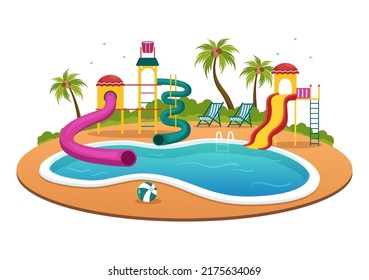 Water Park with Swimming Pool, Amusement, Slide, Palm Trees for Recreation and Outdoor Playground in Flat Cartoon Illustration