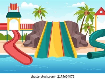 Water Park with Swimming Pool, Amusement, Slide, Palm Trees for Recreation and Outdoor Playground in Flat Cartoon Illustration