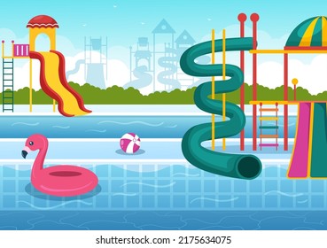 Water Park with Swimming Pool, Amusement, Slide, Palm Trees for Recreation and Outdoor Playground in Flat Cartoon Illustration