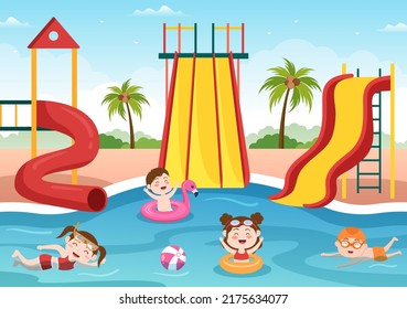 Water Park with Swimming Pool, Amusement, Slide, Palm Trees and the Children are Swim for Recreation and Outdoor Playground in Flat Cartoon Illustration