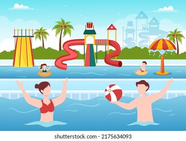 Water Park With Swimming Pool, Amusement, Slide, Palm Trees And The People Are Swim For Recreation And Outdoor Playground In Flat Cartoon Illustration