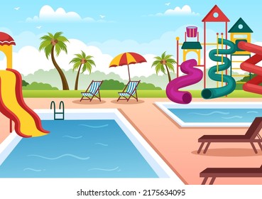 Water Park with Swimming Pool, Amusement, Slide, Palm Trees for Recreation and Outdoor Playground in Flat Cartoon Illustration