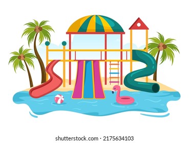 Water Park with Swimming Pool, Amusement, Slide, Palm Trees for Recreation and Outdoor Playground in Flat Cartoon Illustration
