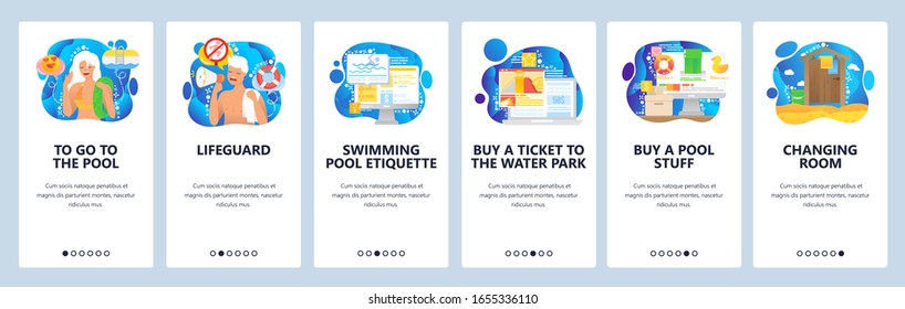 Water Park And Swimming Pool, Lifeguard, Pool Safety Rules, Changing Roo,. Mobile App Onboarding Screens. Menu Vector Banner Template For Website And Mobile Development. Web Site Design Illustration.