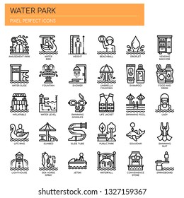 Parque acuático , Línea fina y Iconos Perfectos Pixel