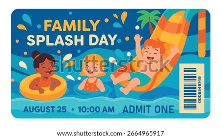 Water park ticket. Vector horizontal bright ticket for family day at water park with kids, slides and splashes. Fun summer event vacation for families with children