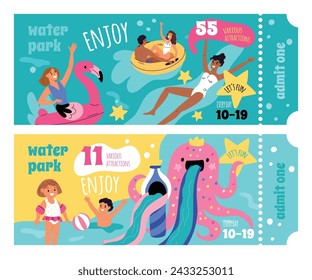 Water park tickets. Beach and pool party. Colored aqua slides. Fids and adults with inflatable rings. Waterpark attractions pass. Paper coupons. People ride waterslides