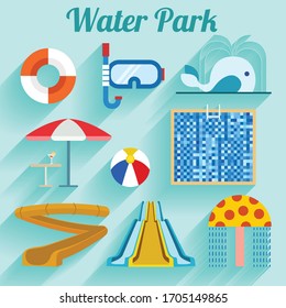 Water park vector colored icon set with different types of slides, swimming pools