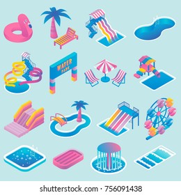 Water park vector colored icon set with different types of slides, swimming pools, ferris wheel, whirlpool bath, fountain. Aqua park isometric flat style design elements.