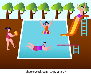 Wasserpark-Vektorkonzept: Gruppe von Kindern, die auf dem Wasserspielplatz schwimmen